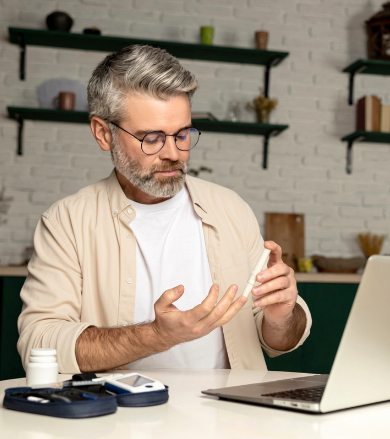 man checking his blood sugar in front of his laptop